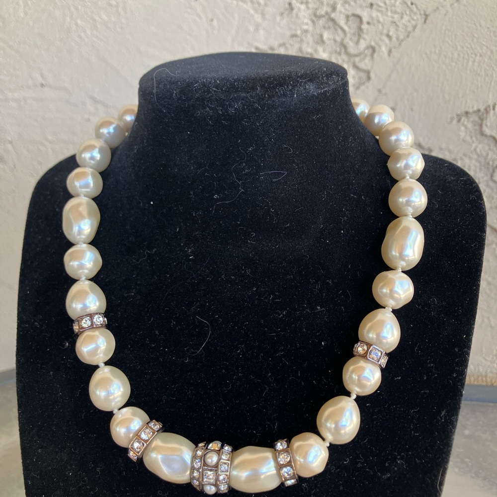 Vintage Givenchy Baroque Pearl Necklace with Silver and Rhinestone Accents